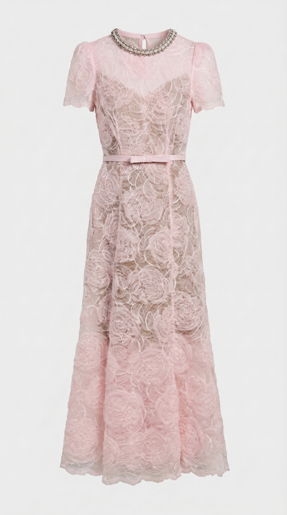 Tula - Rose Lace Maxi Dress with Crystal Neckline Pink