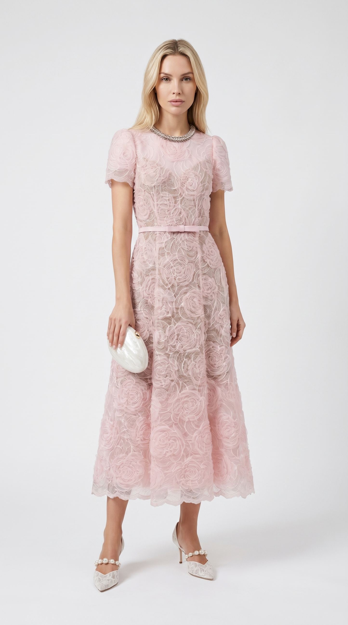 Tula - Rose Lace Maxi Dress with Crystal Neckline Pink