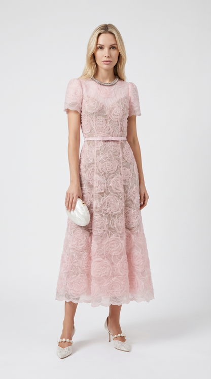 Tula - Rose Lace Maxi Dress with Crystal Neckline Pink