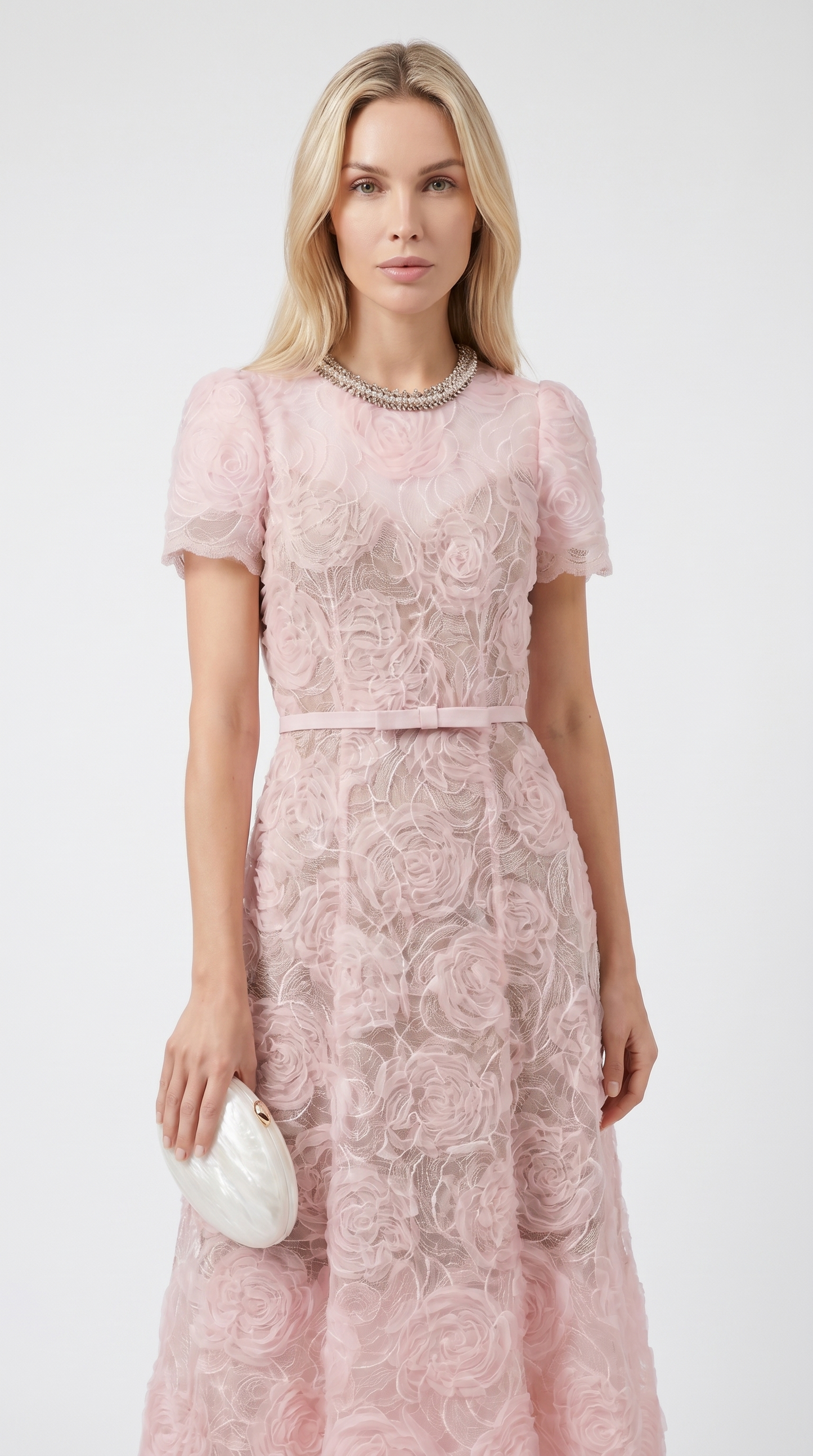 Tula - Rose Lace Maxi Dress with Crystal Neckline Pink