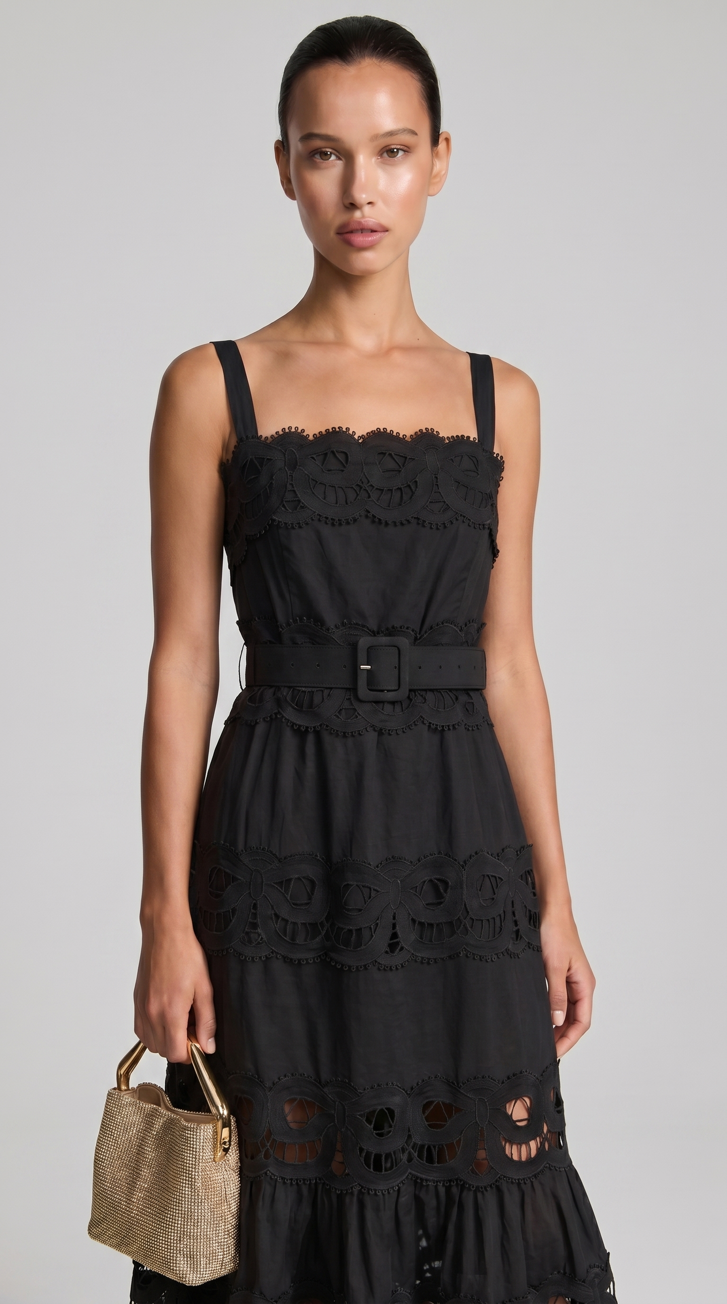Seda - Belted Eyelet Lace Maxi Dress Black