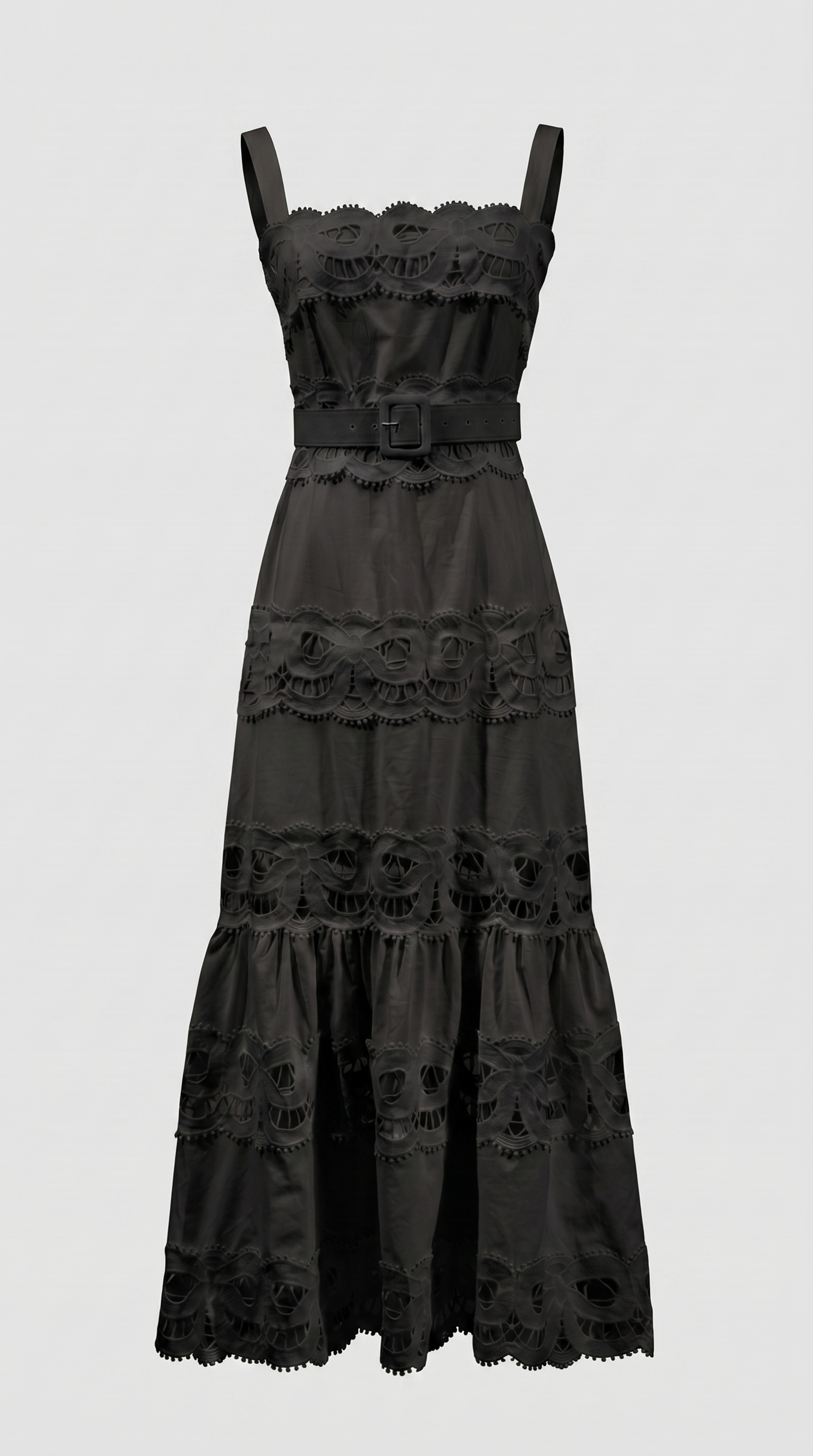 Seda - Belted Eyelet Lace Maxi Dress Black
