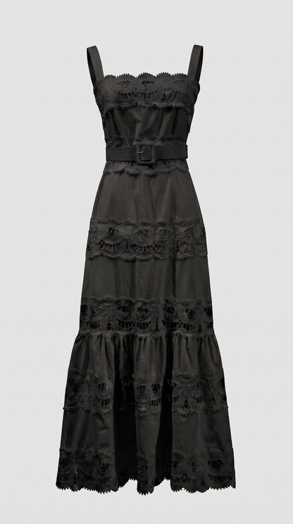 Seda - Belted Eyelet Lace Maxi Dress Black