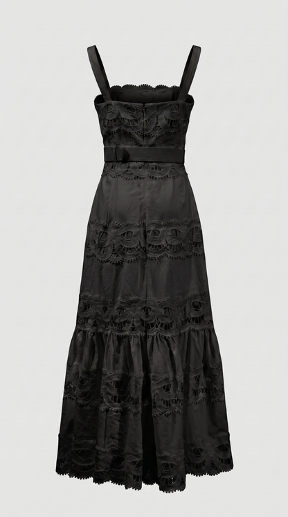 Seda - Belted Eyelet Lace Maxi Dress Black