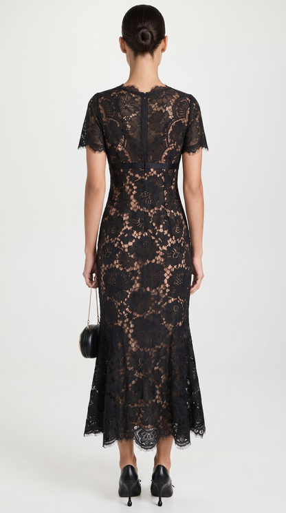 Rhea - Eyelash Lace Trumpet Midi Dress