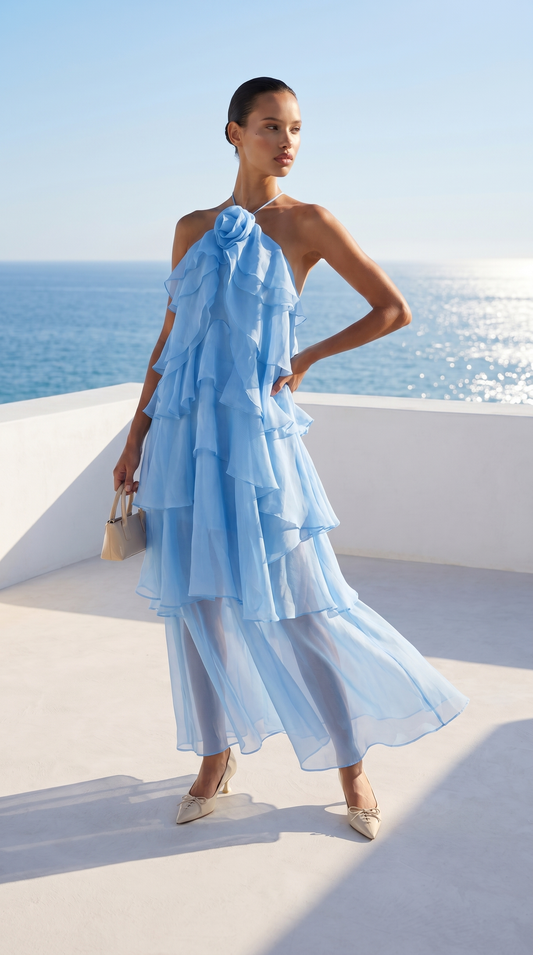 Zeli - Tiered Ruffle Halter Maxi Dress Blue