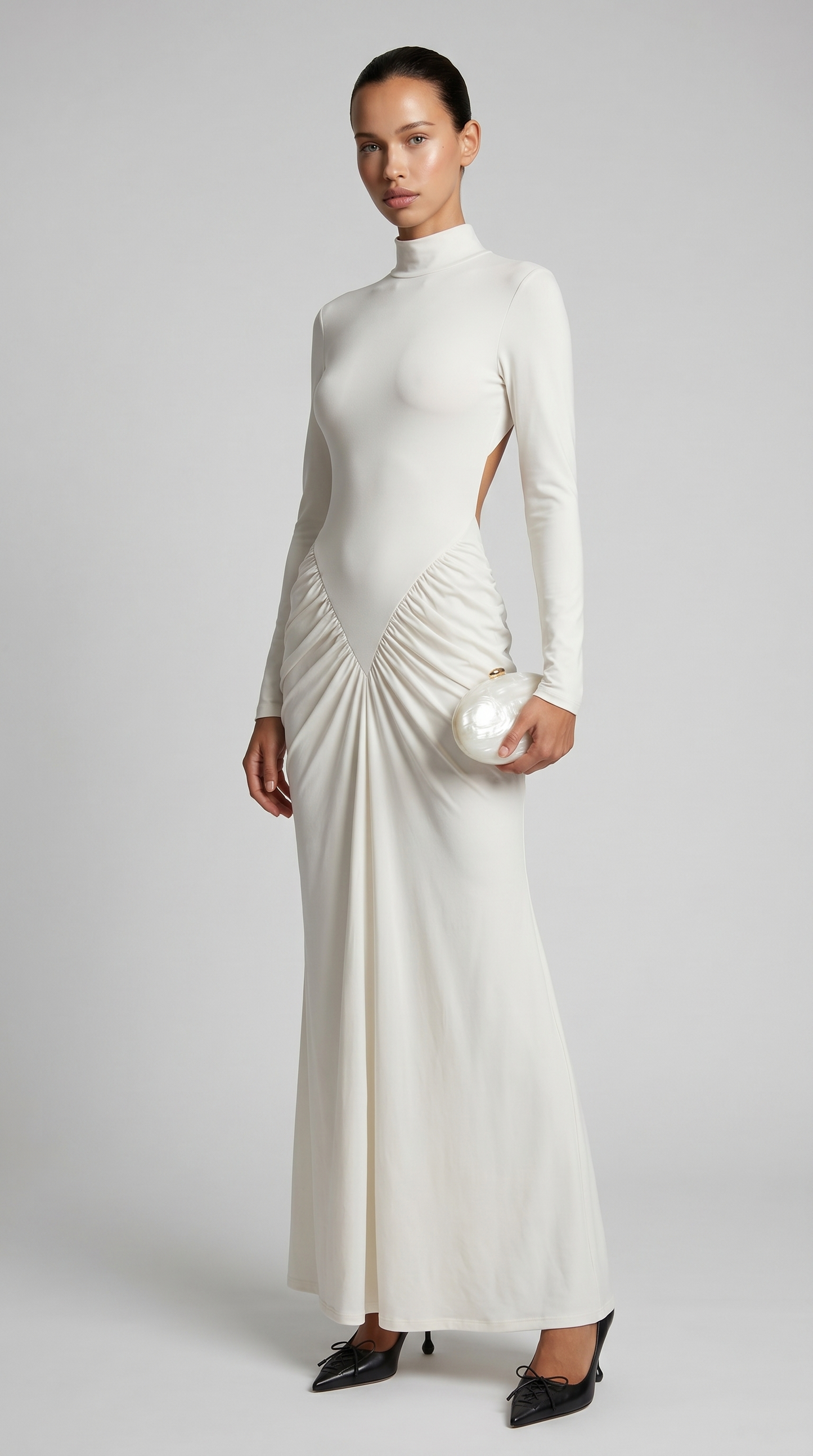 Aret - Ruched Cut-Out Mock-Neck Maxi Dress White
