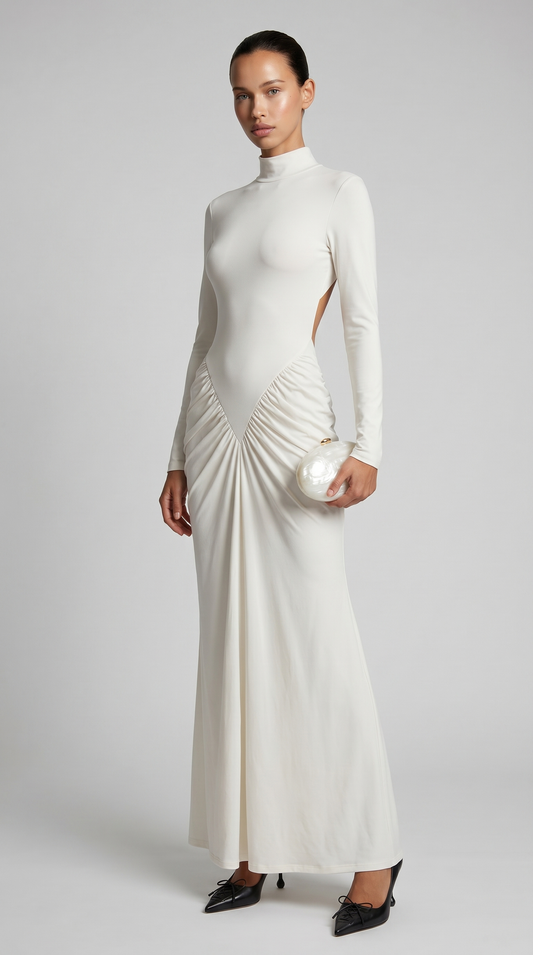 Aret - Ruched Cut-Out Mock-Neck Maxi Dress White