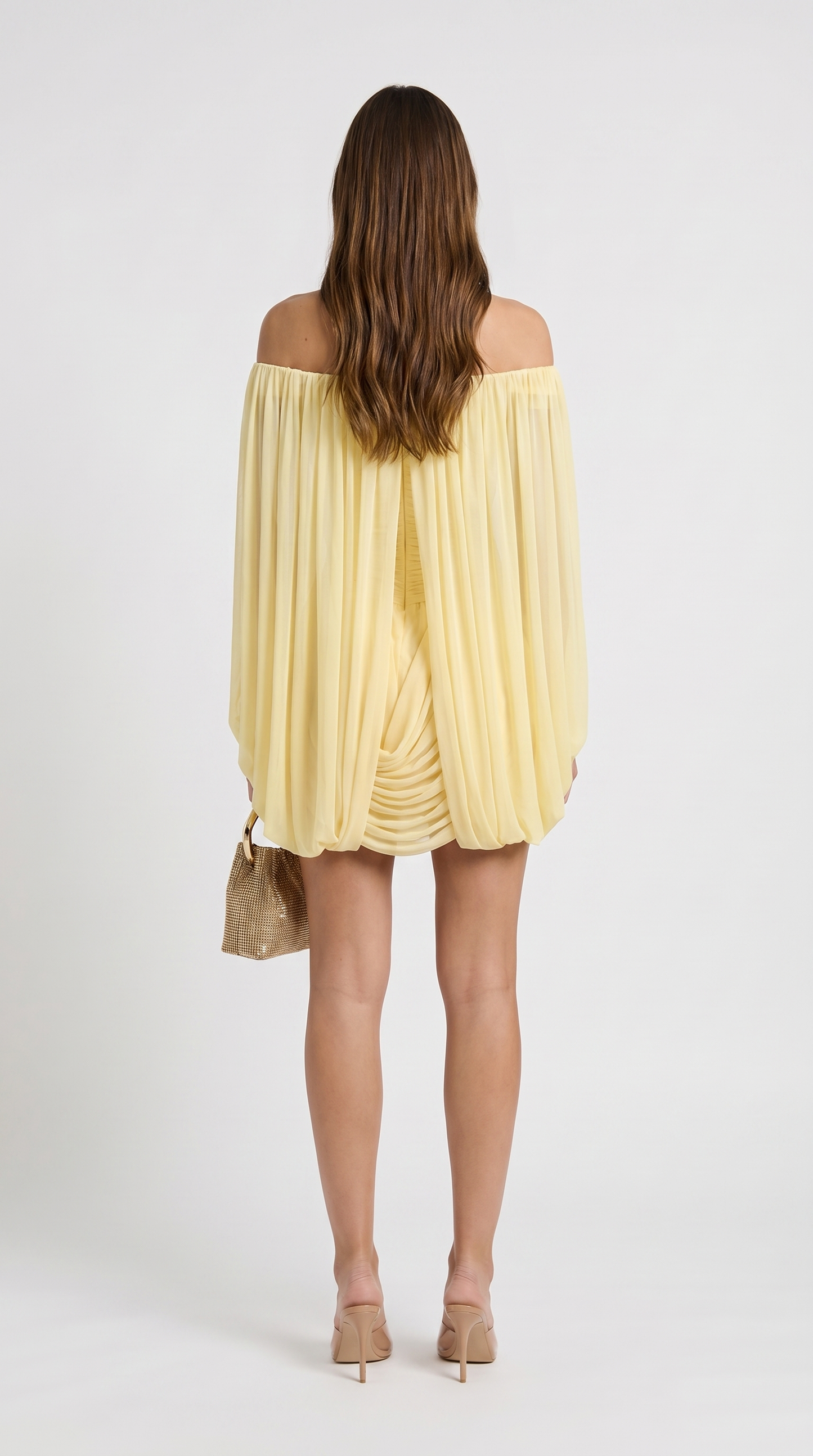 Nala - Off-the-Shoulder Draped Cape Mini Dress Yellow