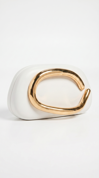 Sage - Sculptural Metal-Handle Crescent Clutch White