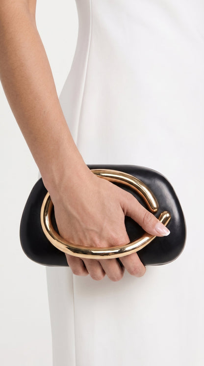Sage - Sculptural Metal-Handle Crescent Clutch Black