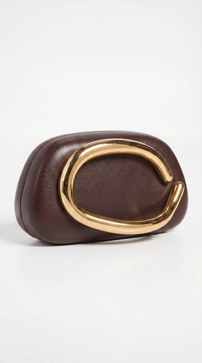 Sage - Sculptural Metal-Handle Crescent Clutch Brown