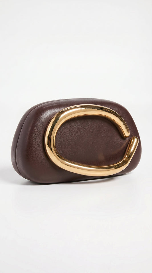Sage - Sculptural Metal-Handle Crescent Clutch Brown
