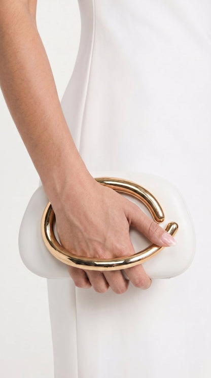 Sage - Sculptural Metal-Handle Crescent Clutch White