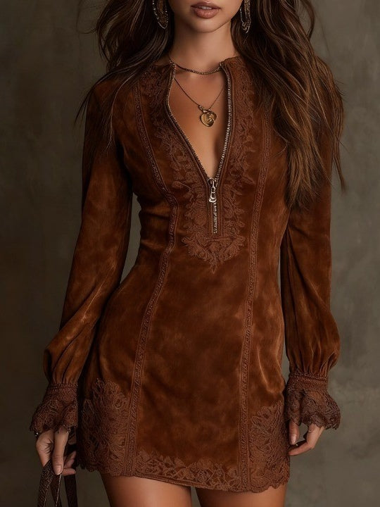 Beatrice | Mini abito in camoscio vintage con pizzo
