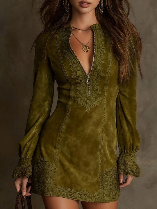 Beatrice | Mini abito in camoscio vintage con pizzo
