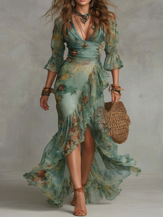 Abito Maxi in Chiffon Verde Erba con Rouches Irregolari e Spacco
