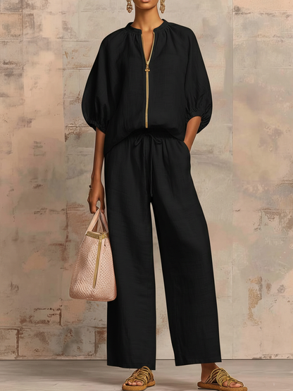 Casual Loose Solid Color Zipper Round Neck Wide-Leg Pants Set