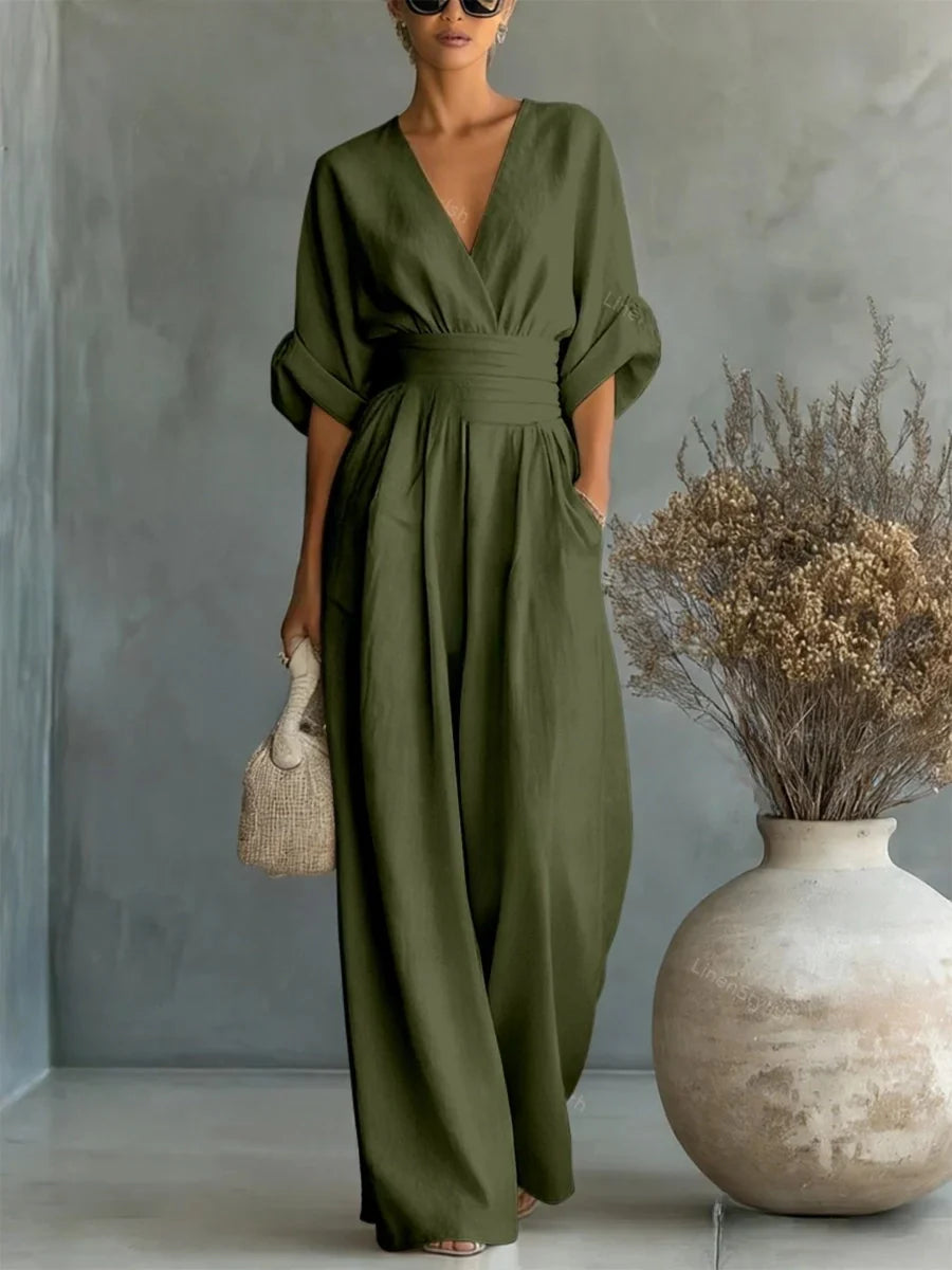 Elegante tuta con scollo a V, vita alta e gamba larga
